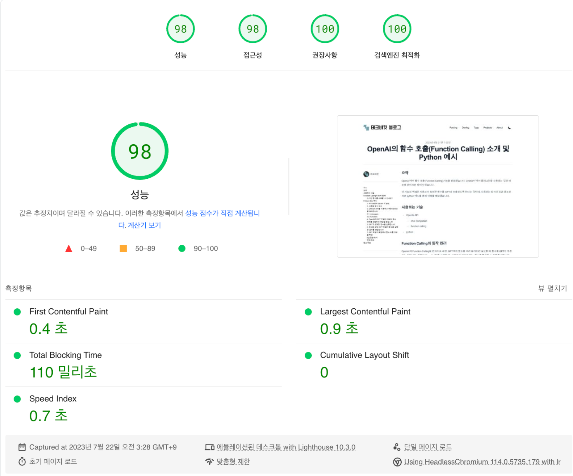 PageSpeed 성능 측정 스크린샷