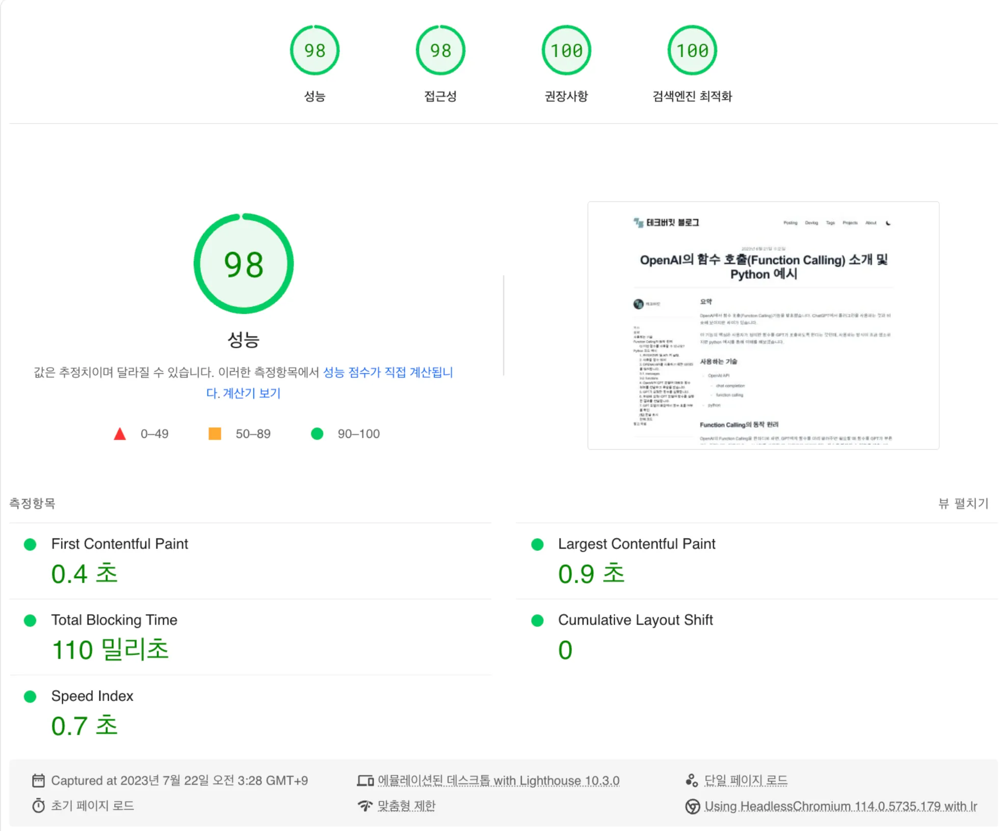 PageSpeed 성능 측정 스크린샷